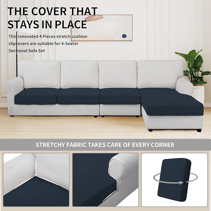 Easy-Going Stretch 4 Pieces Couch Cushion Covers for Sectional Sofa Left/Right L Shape Chaise Lounge Sofa Seat slipcover Anti-Slip Sofa Cover Soft (3 Seater + 1 Chaise, Dark Blue) - Image 5