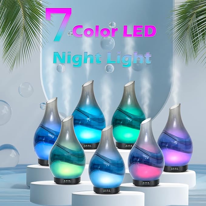 MAXWINER Essential Oil Diffusers Handmade Art Glass Ultrasonic Aromatherapy Diffusers with 7 Colors Lights Changing, Waterless Auto Shut-Off, Time Setting for Home, Office, Room 120ml - Image 2