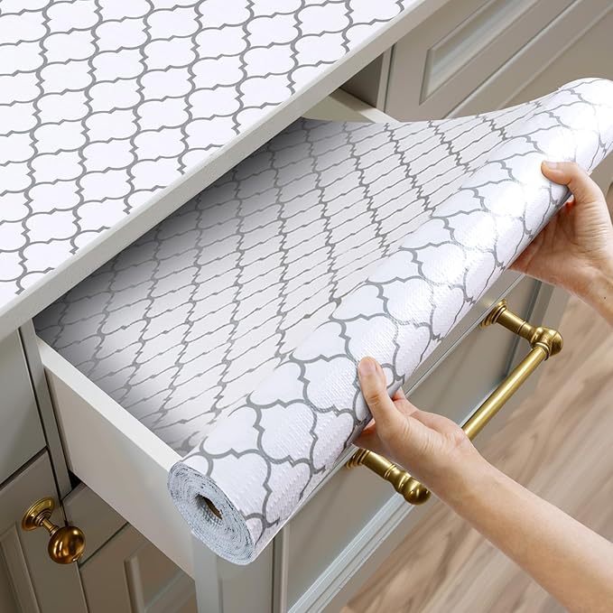 Shelf and Drawer Liner for Kitchen Cabinets Non-Adhesive, Strong Grip Non-Slip Thickened Cabinet Liners for Shelves, Waterproof Mats for Dresser Cupboard, White/Gray, 12 in x 30 Feet by Shinlendid