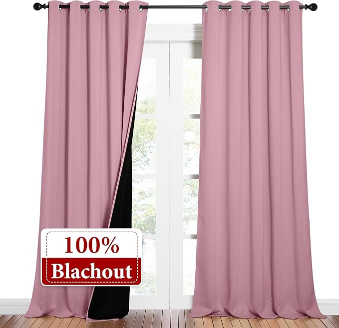 NICETOWN Total Shade Curtains and Draperies, Heavy-Duty Full Light Shading Drapes with Black Liner Backing for Villa/Hall/Dorm Window（Crystal Pink, Package of 2 Panels, 62 inches Wide x 95 inches Long - Image 2