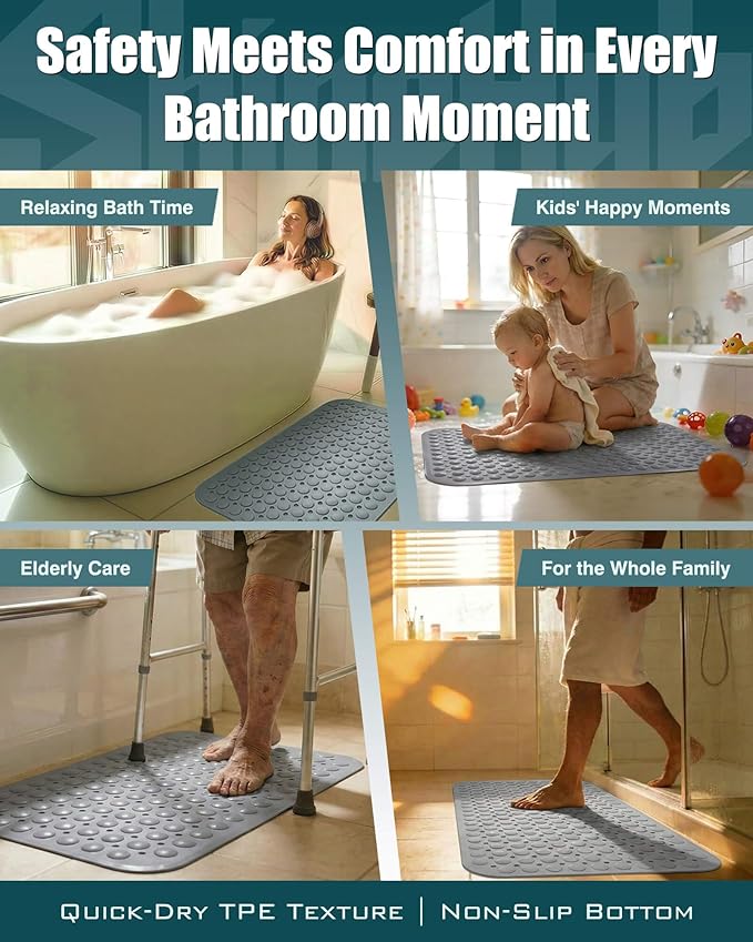 Non-Slip Bath Mat for Tub Shower, TPE Machine Washable Bathroom Essentials with Suction Cups, Quick-Dry 28x16 inch (Mist Pine Gray) - Image 7