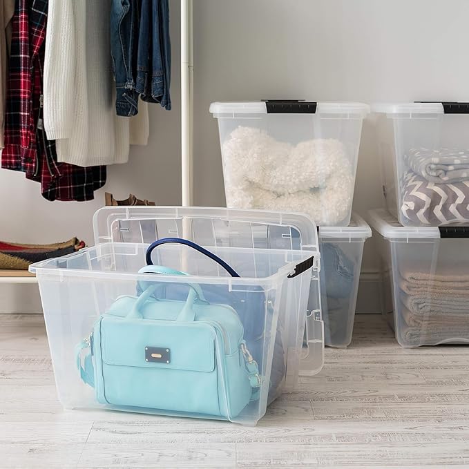 IRIS USA 54 Qt Stackable Plastic Storage Bins with Lids, 6 Pack - BPA-Free, Made in USA - See-Through Organizing Solution, Latches, Durable Nestable Containers, Secure Pull Handle - Clear - Image 7