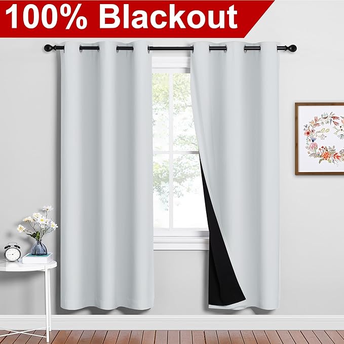 NICETOWN 100% Blackout Window Curtain Panels, Greyish White, 2 Pieces, 42-inch Wide Per Panel, Full Light Blocking Drapes with Black Liner for Nursery, 72-inch Drop Thermal Insulated Draperies - Image 2