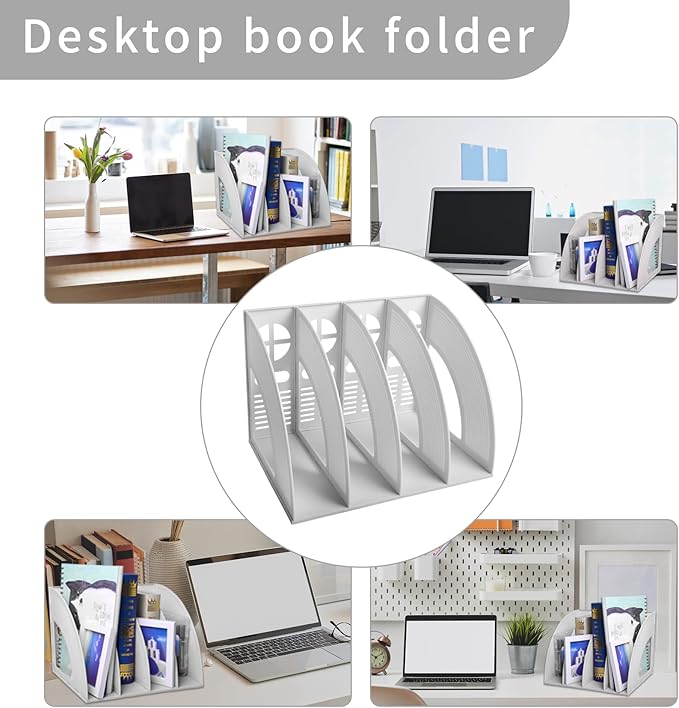 Marte Vanci Magazine File Holder Desktop Book Organizer Plastic Storage Sturdy Vertical 4 Section Folder (Light Gray) - Image 5