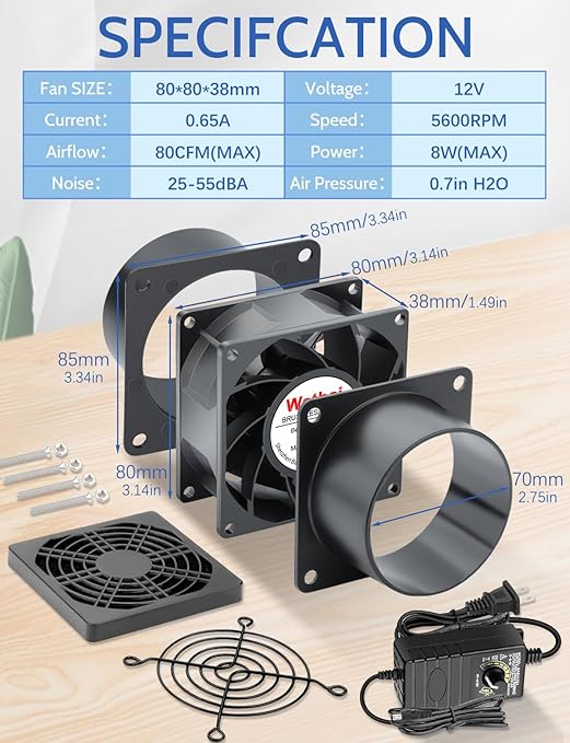 Wathai 80mm Small 12V DC Axial Exhaust Fan with AC Adapter, 3 Inch Duct Fan for Fume Extractor, Soldering Smoke, 3D Printer Enclosure, Laser Engraver Dual Ball High Airflow - Image 7