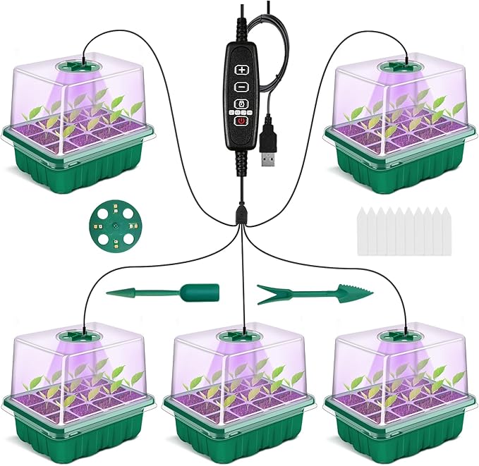 GOONMMILL Seed Starter Tray with Timed Grow Light, 5 Packs Plant Starter Tray Seedling Starter Kit with Humidity Domes Base Indoor Greenhouse Mini Propagator Station for Seeds Growing Starting by GOONMILL