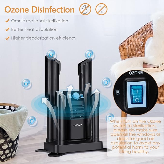 COSTWAY Boot Dryer, Shoe Dryers with 180 Mins Timer & Heating Blower, Ozone Disinfection, Extendable Design, Electric Shoe and Boot Warmer for Work Boots, Ski, Glove, Hats, Black - Image 3