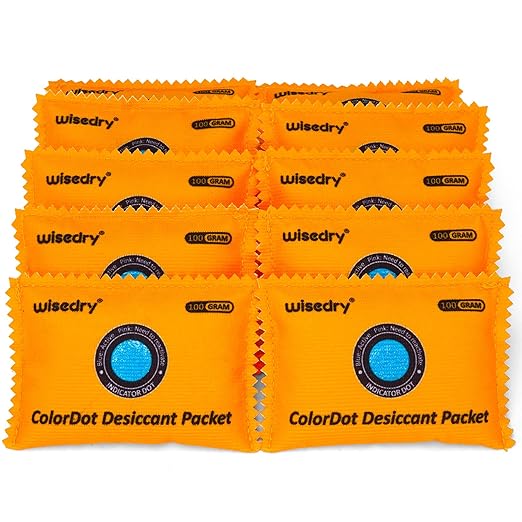 wisedry 100g [10 Packs] Rechargeable Desiccant Packs for Storage, Color Indicating Silica Gel Desiccant Packets, Reusable Moisture Absorbers Bags for Storage Bins, Suitcase, Gun Safe, Tool Box by wisedry