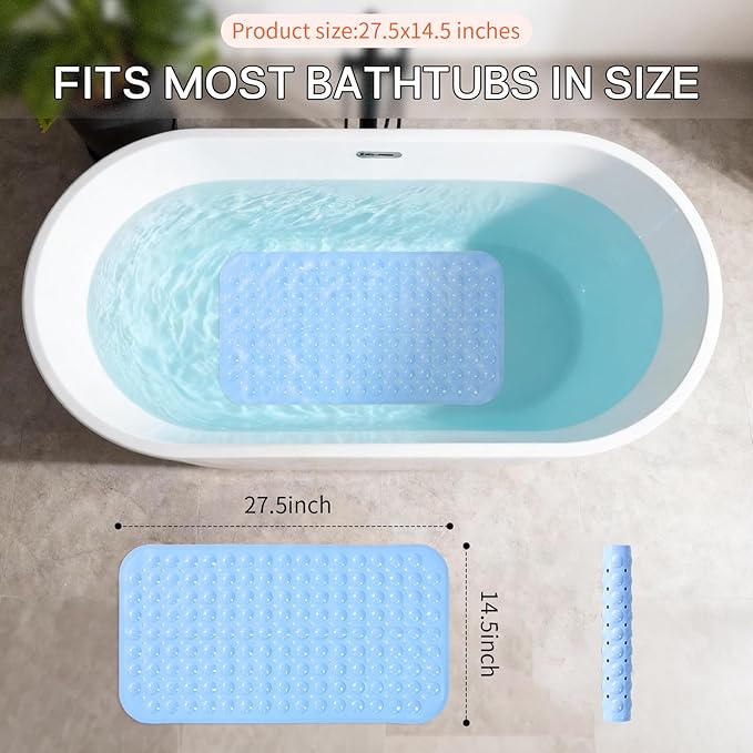 Anti-Slip Bathtub Shower mat, 27.5×14.5（Approximately 70×37cm） inch Soft Oversized Machine Washable Non-Slip Bathtub mat with Drainage Holes, Bathroom Floor Suction Cup.（1-Opaque Light Blue） - Image 3