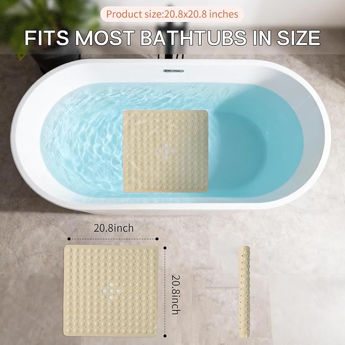 Anti-Slip Bathtub Shower mat, 20.8×20.8（Approximately 53×53cm） inch Soft Oversized Machine Washable Non-Slip Bathtub mat with Drainage Holes, Bathroom Floor Suction Cup.（1-Opaque Khaki） - Image 3