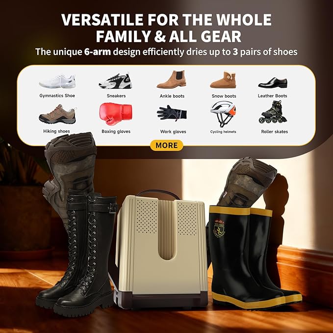 Heapsion 6-Arm Shoe Dryer and Deodorizer, Fast 360° Drying in 15s with Rose Salt Box, Foldable Boot Dryer with Timer for 3 Pairs, Portable for Travel, Home, Gym - Image 7
