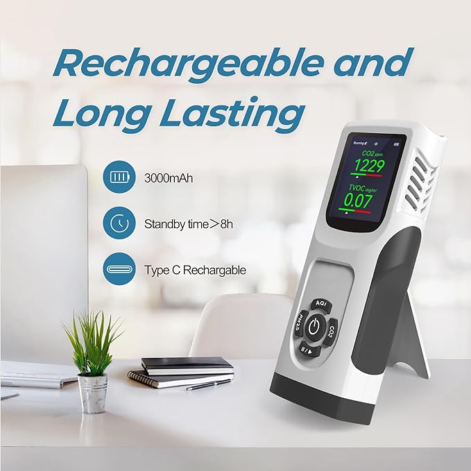 6-in-1 Air Quality Monitor Indoor CO2 Monitor, 3000mAh AQI TVOC Air Quality Tester for Home PM2.5 PM10 Particle Counter Air Quality Monitor with Graph, Portable Outdoor LED Screen - Image 4
