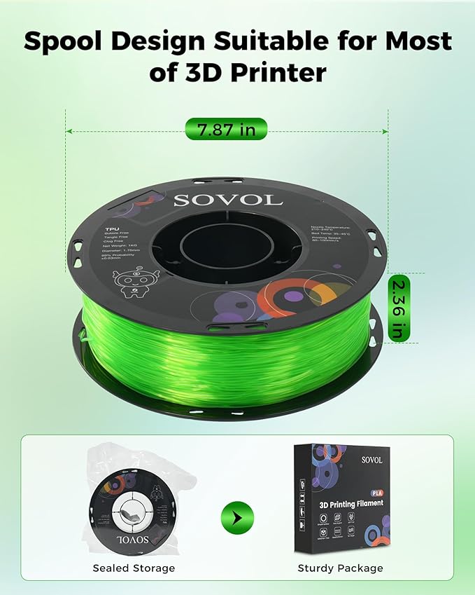 Sovol TPU Filament 1.75mm, 95A Soft TPU Flexible 3D Printer Filament with High Elasticity, 1kg (2.2lbs), Dimensional Accuracy +/- 0.03 mm, Fit Most FDM Printer, Clear Green - Image 7