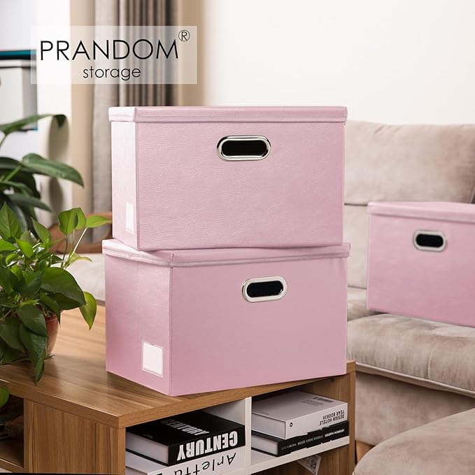 PRANDOM Foldable Storage Bins with Lids [5-Pack] Leather Fabric Collapsible Storage Boxes Organizer Containers Baskets Cube with Cover for Bedroom Closet Office Nursery Pink (14.9x10.8x10) - Image 2
