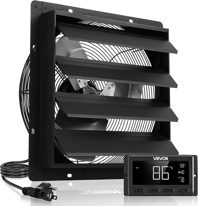 VEVOR 16 inch Exhaust Fan, Wall Mounted Attic Fan with Variable Speed, Temperature & Humidity Controller, 3000 CFM, Automatic Shutter by VEVOR