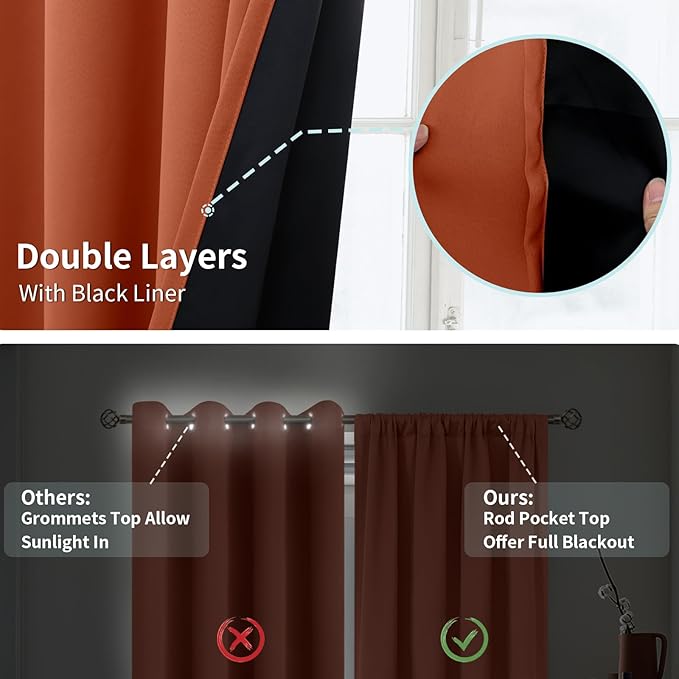 BGment Terracotta 100% Blackout Curtains for Bedroom, Fall Full Room Darkening Noise Reducing Living Room Curtains 63 Inch Length, Thermal Insulated Rod Pocket Window Drapes 2 Panels, 42 Inch Wide - Image 5
