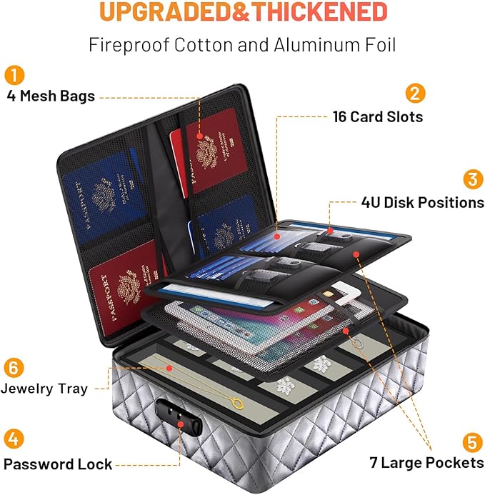 HAUKL Fireproof Document Bag with Lock - 14" Fireproof Safe Box for Home & Travel, 8-Layer Waterproof Fireproof Bag for Files, Passports, Jewelry, Cash, 2000°F Protection (Gray W/Jewelry Holder) - Image 6
