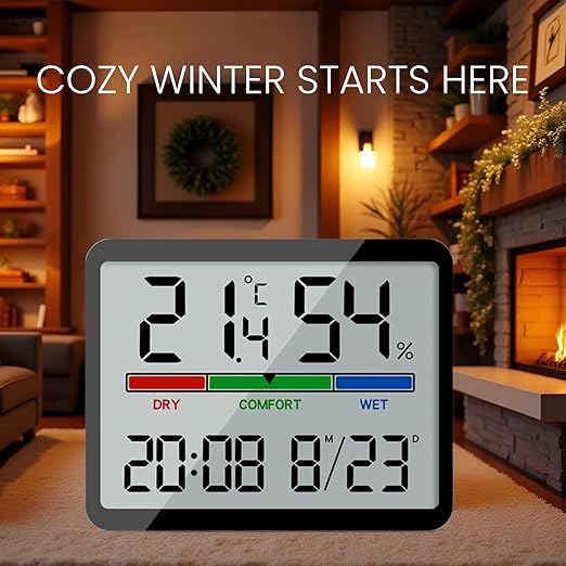Digital Hygrometer Indoor Thermometer, Clock with Temp & Humidity, Temp Gauge with Comfort Indicator, Wall/Magnetic/Desk Alarm Clock for Bedroom, Baby Room, Office, Kitchen, Garage (Black) - Image 2