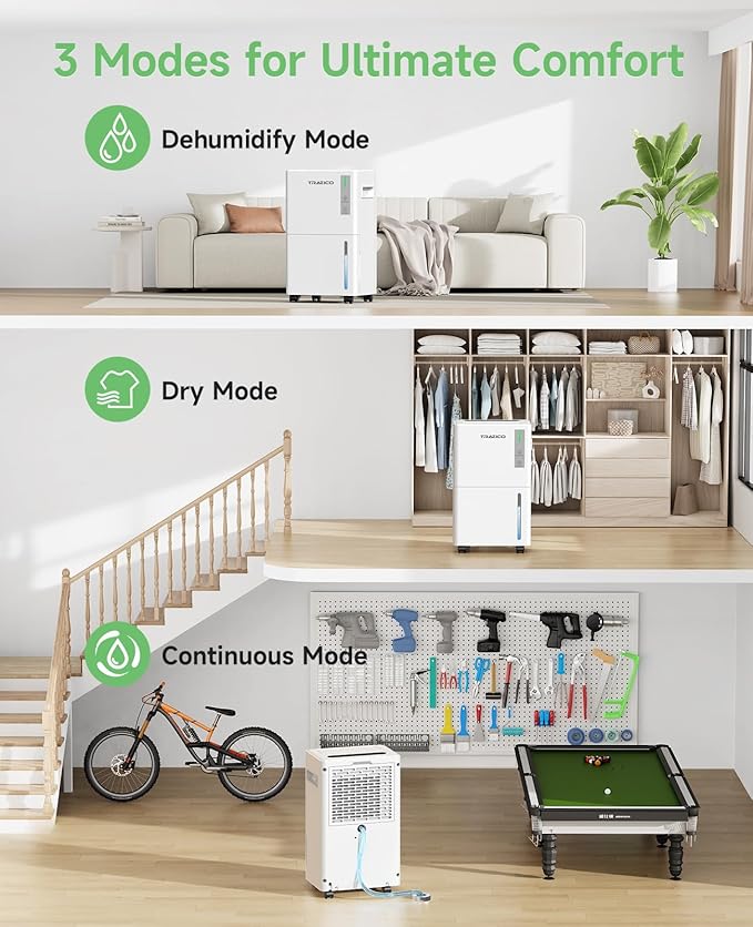 1500 Sq.ft Dehumidifier for Basement, Trazico 21 Pint Quiet Dehumidifiers for Home with Drain Hose, Smart Humidity Control, 3 Modes, 24H Timer, Auto Defrost, for Large Room, Bedroom, and Bathroom - Image 3
