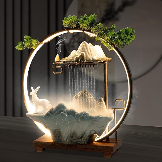 17In Water Fountains Indoor Tabletop Water Fall Humidifier W/LED Light & Atomizer Mist, Zen Decor Meditation Japanese Decor Fake Plants Feng Shui Decor Festival Birthday Gift Good Luck Wealth - Image 9