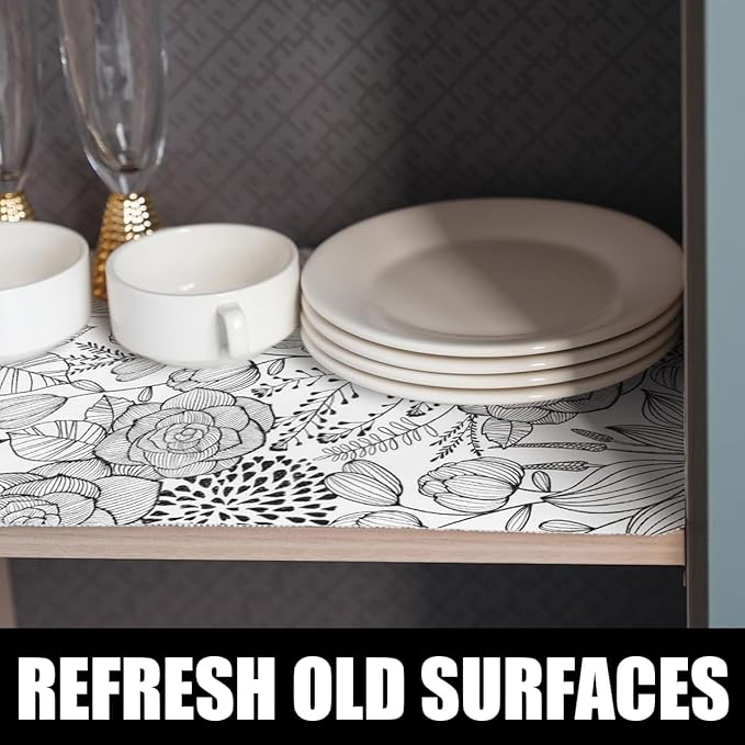Floral Drawer and Shelf Liner for Kitchen 16IN x 10FT, Non-Adhesive and Strong Non-Slip Cabinet Drawer Liners, Waterproof Thickened Shelf Liner,Easy to Clean,Black and White - Image 2