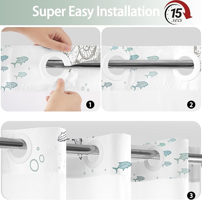 No Hook Shower Curtain with Snap in Liner, Beach Ocean Nautical Coastal Shower Curtains and Liner Set for Bathroom, Seashell Hotel Fabric Bath Curtain, Waterproof Washable, Green 71" x 74" - Image 6