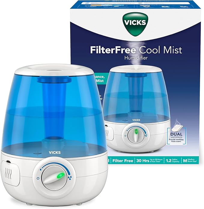 Vicks Filter-Free Ultrasonic Humidifier, Recommended by Pediatricians*, 1.2 Gal Ultrasonic Cool Mist Humidifiers for Bedrooms & Kids Rooms, Works with Vicks VapoPads by VicksDevices