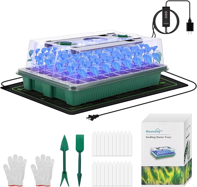 BlumWay 4-in-1 Seed Starter Tray with Grow Light &Heat Mat & Soil Meter Set,40-Cells Seedling Tray with Humidity Dome for Indoor Plant by BlumWay