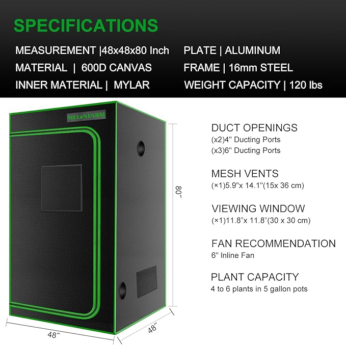 MELONFARM 4x4 Grow Tent, 48"x48"x80'' High Reflective 600D Diamond Mylar Canvas with Observation Window and Floor Tray for Hydroponic Indoor Plant Growing - Image 7
