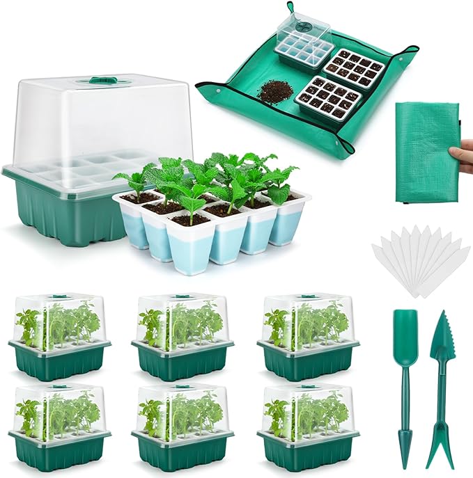 Reusable Seed Starter Tray with 72 Soft Silicone Cells, 6 Pack Seed Starter Kit with Repotting Mat, Humidity Dome and High Lid, Germination Trays for Indoor Greenhouse Seed Starter by Hanaoyo