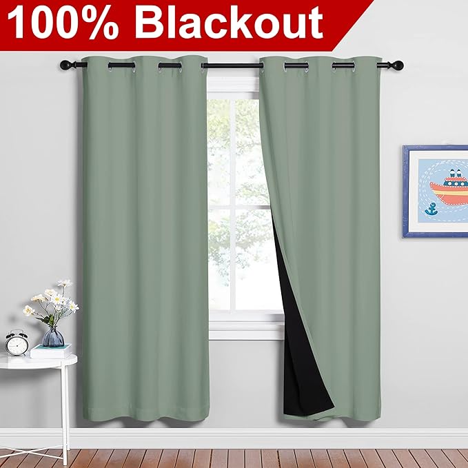 NICETOWN 100% Blackout Window Curtain Panels, Full Light Blocking Drapes with Black Liner for Nursery, 72-inch Drop Thermal Insulated Draperies (Greyish Green, 2 Pieces, 42-inch Wide Per Panel) - Image 2
