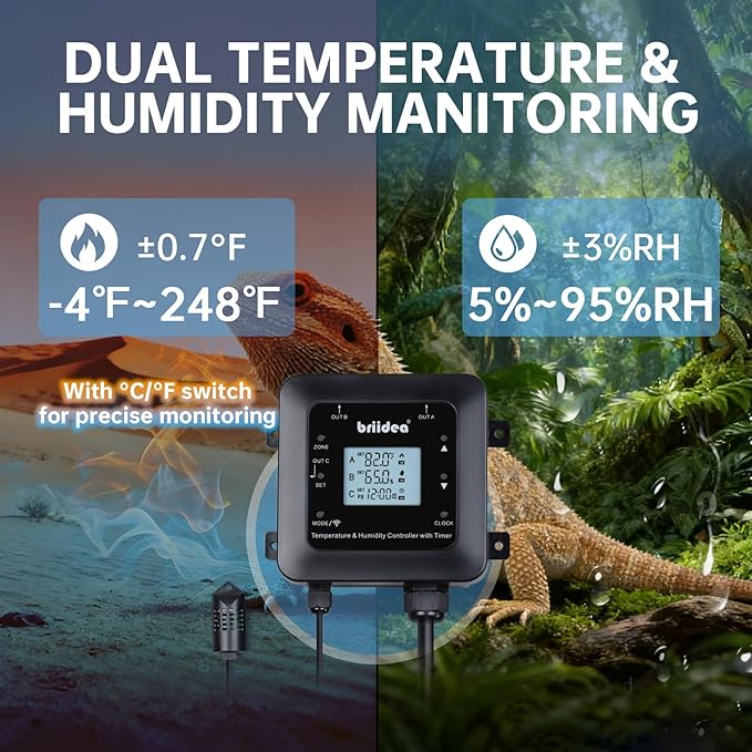 Briidea Smart WiFi Temperature and Humidity Controller with Timer Outlet, 3-in-1 Reptile Thermostat Hygrostat, App Control via Dual-Band 2.4G/5G WiFi for Greenhouse, Incubator, Mushroom, and Homebrew - Image 4