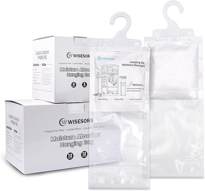 Moisture Absorber Hanging Bags 12 Pack - 7 oz Fragrance-Free Dehumidifier for Closet, Bathroom, Bedroom – Double Leak-Proof Design & Dual-Sided Absorption by Wisesorb