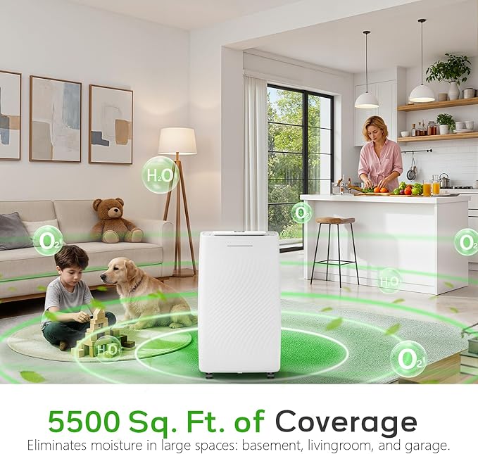 5500 Sq.Ft Dehumidifier for Basement with Drain Hose, Max 80 Pints/D (Standard 50Pint/D), Most Efficient Energy Saving 2026 Dehumidifier Features Air Purifier Combo, Ideal for Large Room, Home, Garage - Image 2