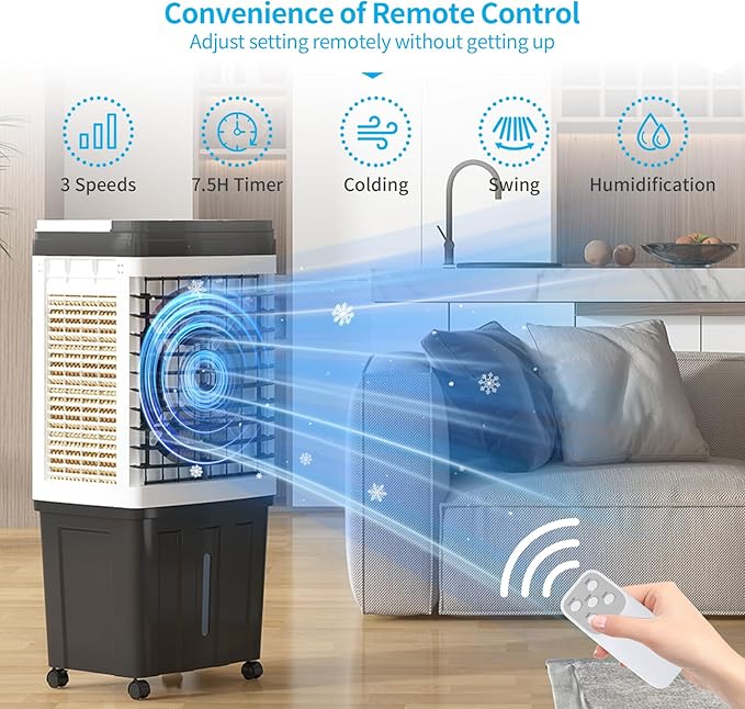 TABU 2953CFM Evaporative Air Cooler, 3-in-1 Portable Swamp Cooler with 9.3-Gal Water Tank, Cooling,Fan & Humidifier,120° Oscillation,3 Wind Speeds,7.5H-Timer,Remote Control,Ice Packs,Black - Image 4