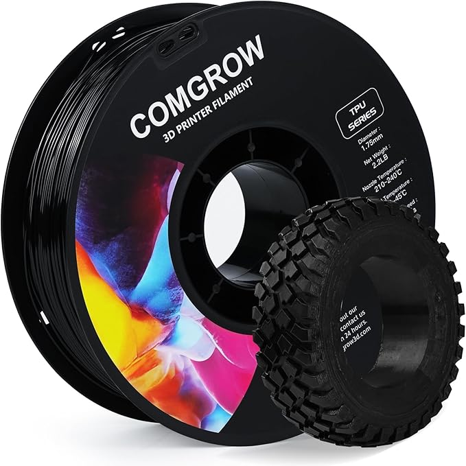 Comgrow TPU Filament, 1.75mm, 95A Soft TPU Flexible 3D Printer Filament Black 1kg (2.2lbs), Dimensional Accuracy +/- 0.02 mm, Fit Most FDM Printer by Comgrow