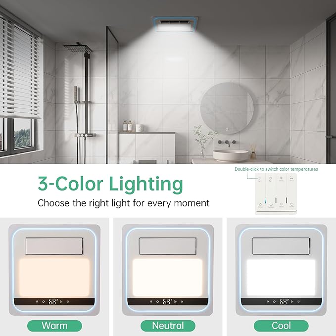 4-in-1 Bathroom Exhaust Fan with 1800W Heater, CCT LED Light & Remote Control, 150 CFM Quiet Ceiling Fan for Heating, Lighting, Ventilation & Blowing - Image 6