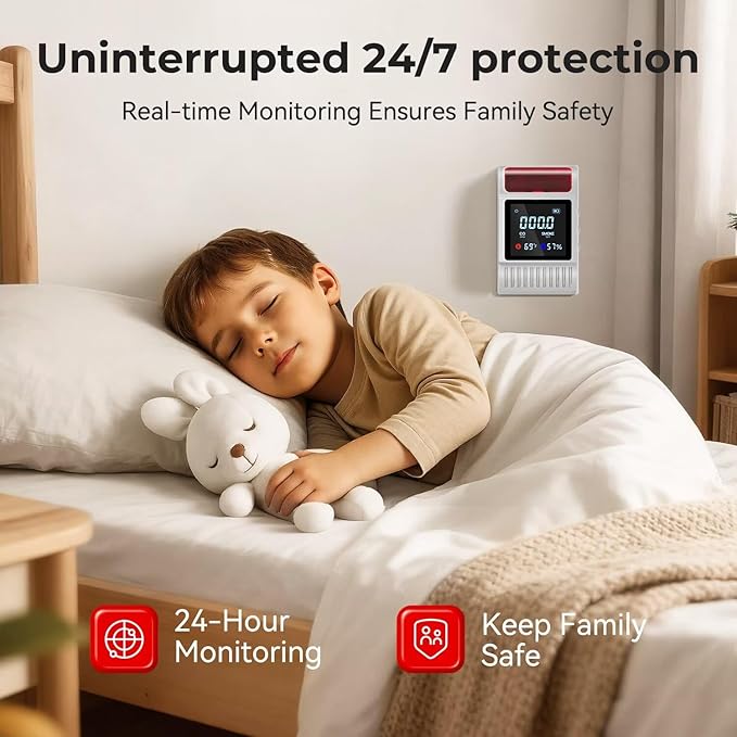 5-in-1 Smoke and Carbon Monoxide Detectors Plug in, Smoke Detector with Battery Backup Slot, Adjustable Brightness & Volume Levels, Smoke Alarm with Temp/Humidity for Home, RV, Travel(1-Pack) - Image 4