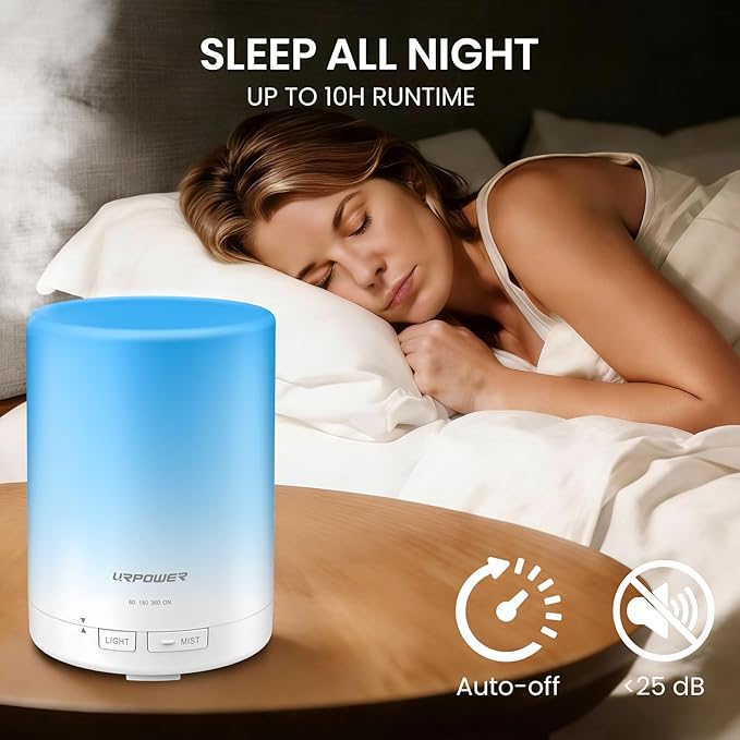 URPOWER 300ml Essential Oil Diffuser: Ultrasonic Aromatherapy Diffuser Quiet Auto Shut-Off, 4 Timer Settings(1H 3H 6H ON) & 7-Color Night Light Humidifier for Yoga Bedroom Living Room Office - Image 2