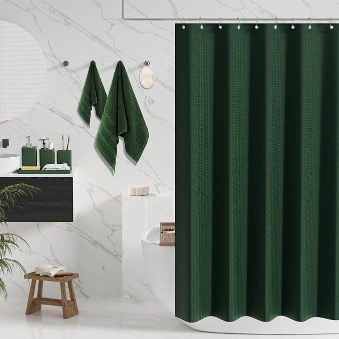 Resin Green Bathroom Set, Dark Green Bathroom Accessories Set with Shower Curtain, Bath Towel Sets, Natural Loofah Sponge, Soap Dispenser, Toothbrush Holder, Bathroom Tumbler and Tray for Bathroom - Image 2