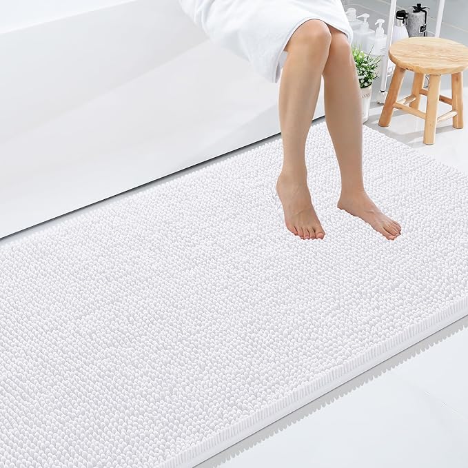 Smiry Luxury Chenille Bathroom Rugs 59x35, Extra Soft and Absorbent Shaggy Bath Mat, Machine Washable, Non-Slip Plush Carpet Runner for Tub, Shower, and Floor, Home Decor Accessories, White by Smiry