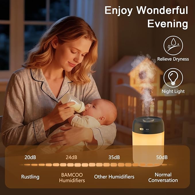 Portable Small Humidifier, 650ml Colorful Mini Humidifier for Bedroom, Office Desktop, Baby Room, Plants, Cool Mist Humidifiers(Black) - Image 3