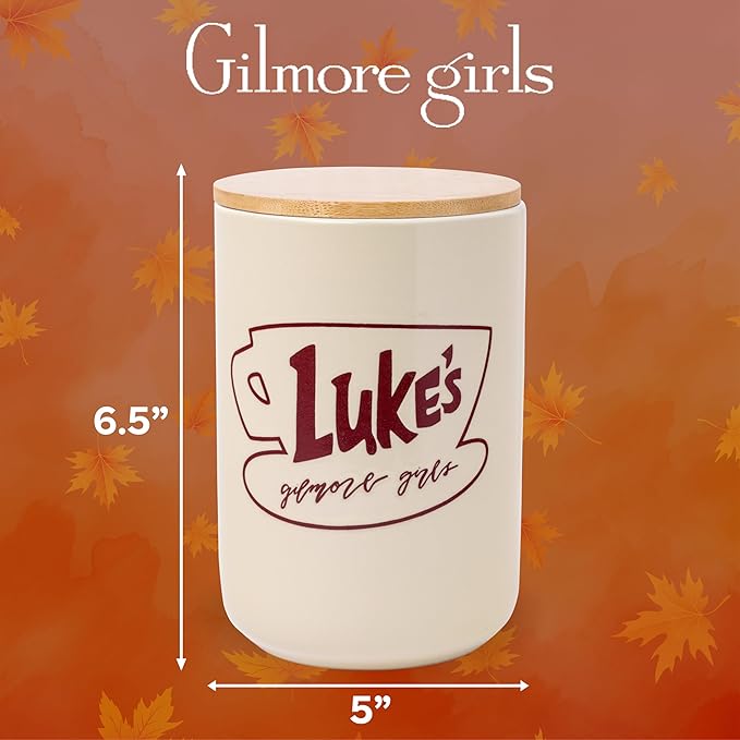 Silver Buffalo Gilmore Girls Wax Resist Ceramic Cookie Jar with Bamboo Lid Featuring Luke’s Cafe Logo, 5” x 5” x 6.5” - Image 2