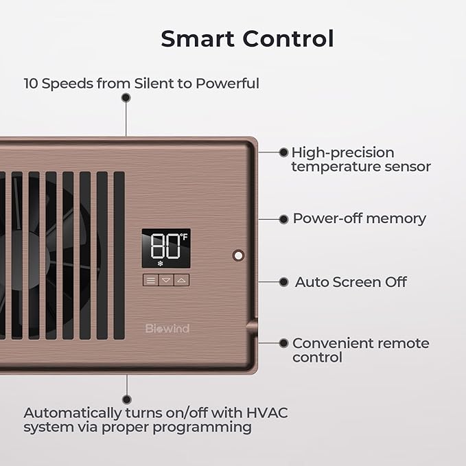 Quiet Register Booster Fan Fits 4" x 12" Register Holes, 10-Speed Smart Heating Cooling AC Vent Fan with Remote Control and Thermostat Control - Bronze - Image 4