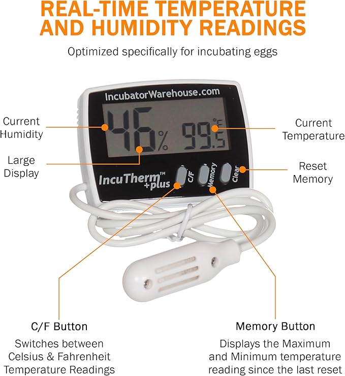 Incubator Warehouse IncuTherm™ Plus Digital Thermometer and Hygrometer for Egg Incubator - Large Digital Display with Min/Max Memory - Remote Probe - Reads Celsius and Fahrenheit +/-1° 1109 IWTH01 - Image 4