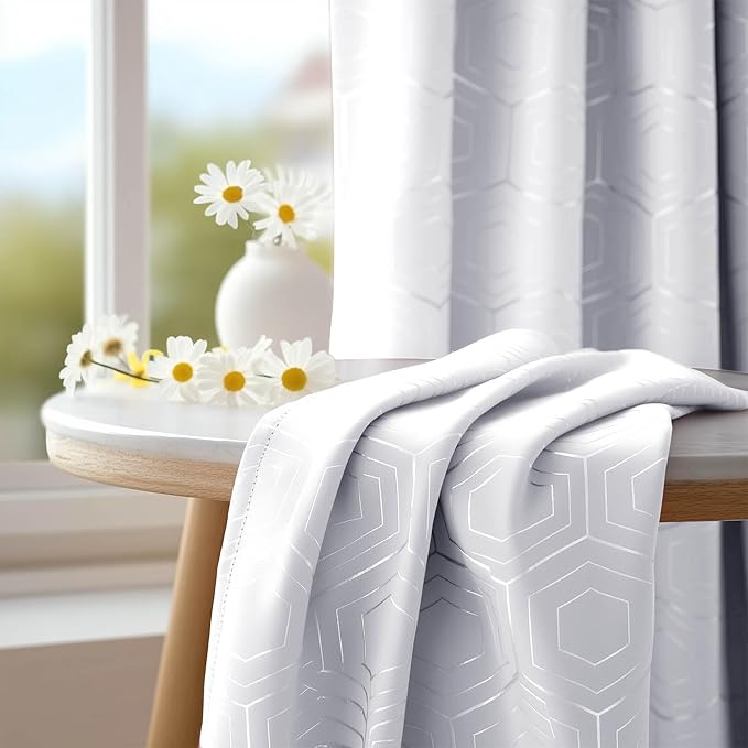 Deconovo White Curtains, Room Darkening Living Room Curtain, Thermal Insulated Soundproof Drapes, Hexagon Silver Print Pattern, 52 x 72 Inch, Grommet Panel for Bedroom Kitchen Office Nursery, Set of 2 - Image 2
