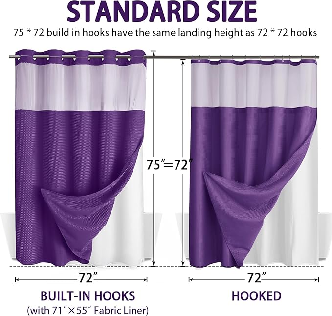 No Hook Shower Curtain and Liner Set,Deep Purple Hotel Waffle Shower Curtain with Liner 75" L x 72" W - Image 6