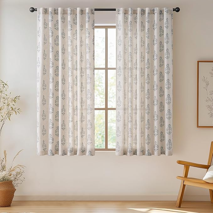 jinchan Linen Floral Curtains for Living Room 63 Inch Length Blue Flower Cottage Core Farmhouse Curtains Rod Pocket Back Tab Boho Semi Sheer Window Drapes Bedroom Set 2 Panels Blue on Beige - Image 2