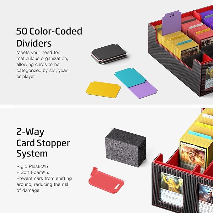 Trading Card Storage Box 5-Row 3900+ Capacity,TCG MTG Card Case with Magnetic Lid & Commander Display,Top Loader Storage for Sports Cards,Includes Dividers Dice Box（Black＆Red） - Image 4