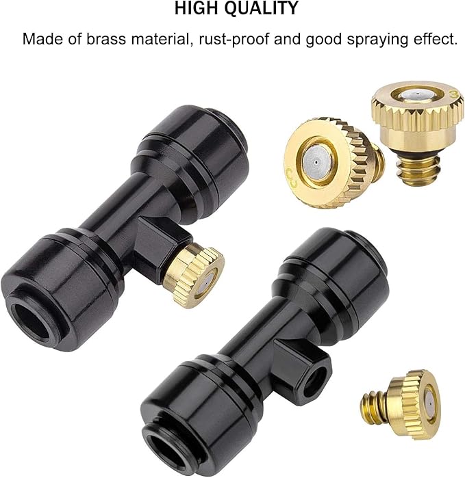 Brass & Black Misting Nozzles Kit - 20pcs Mister Nozzles & Tees with 2pcs Plugs for 1/4" Tubing and Outdoor Patio System - Image 4